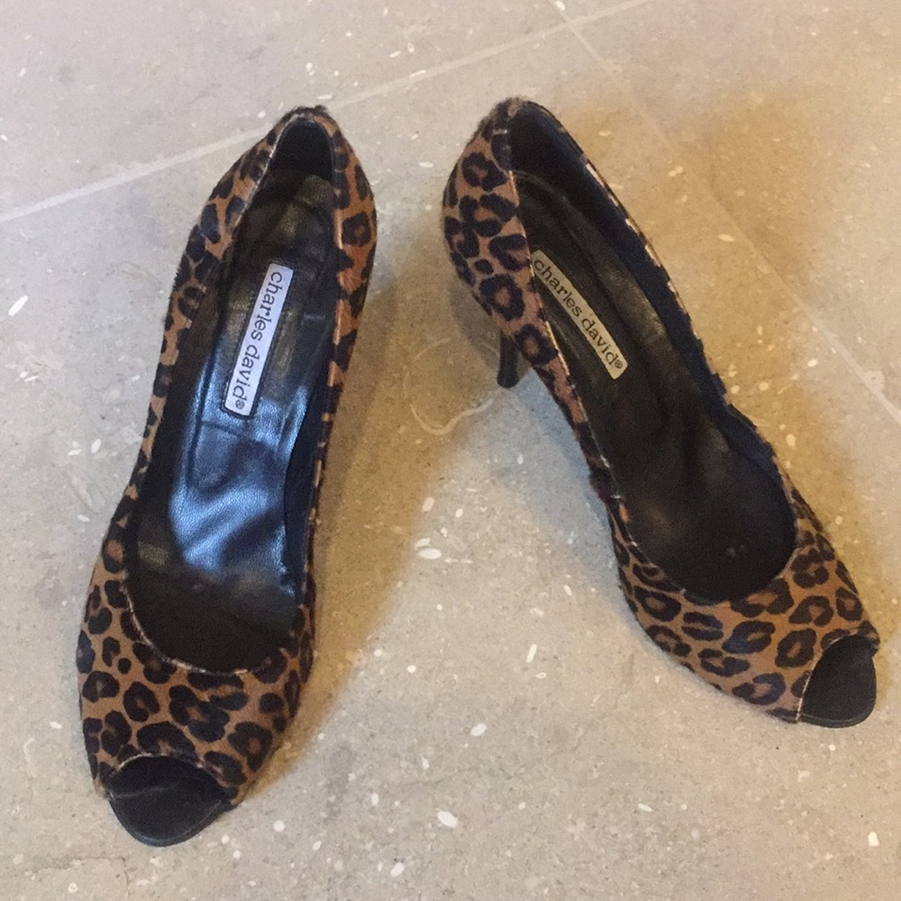 Charles David peep toe heels animal print